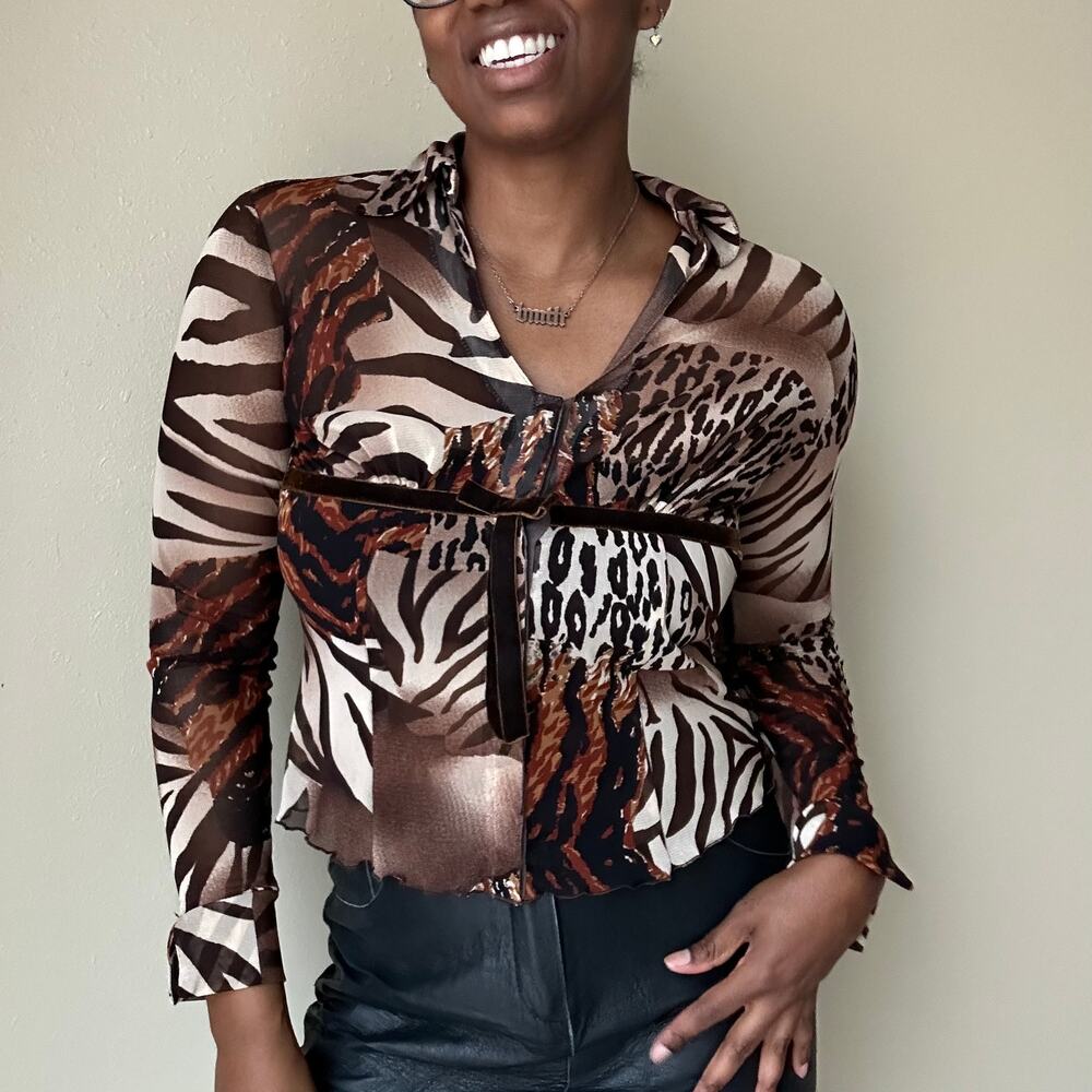 Y2k Animal Print Long Sleeve Mesh Top Size S/M